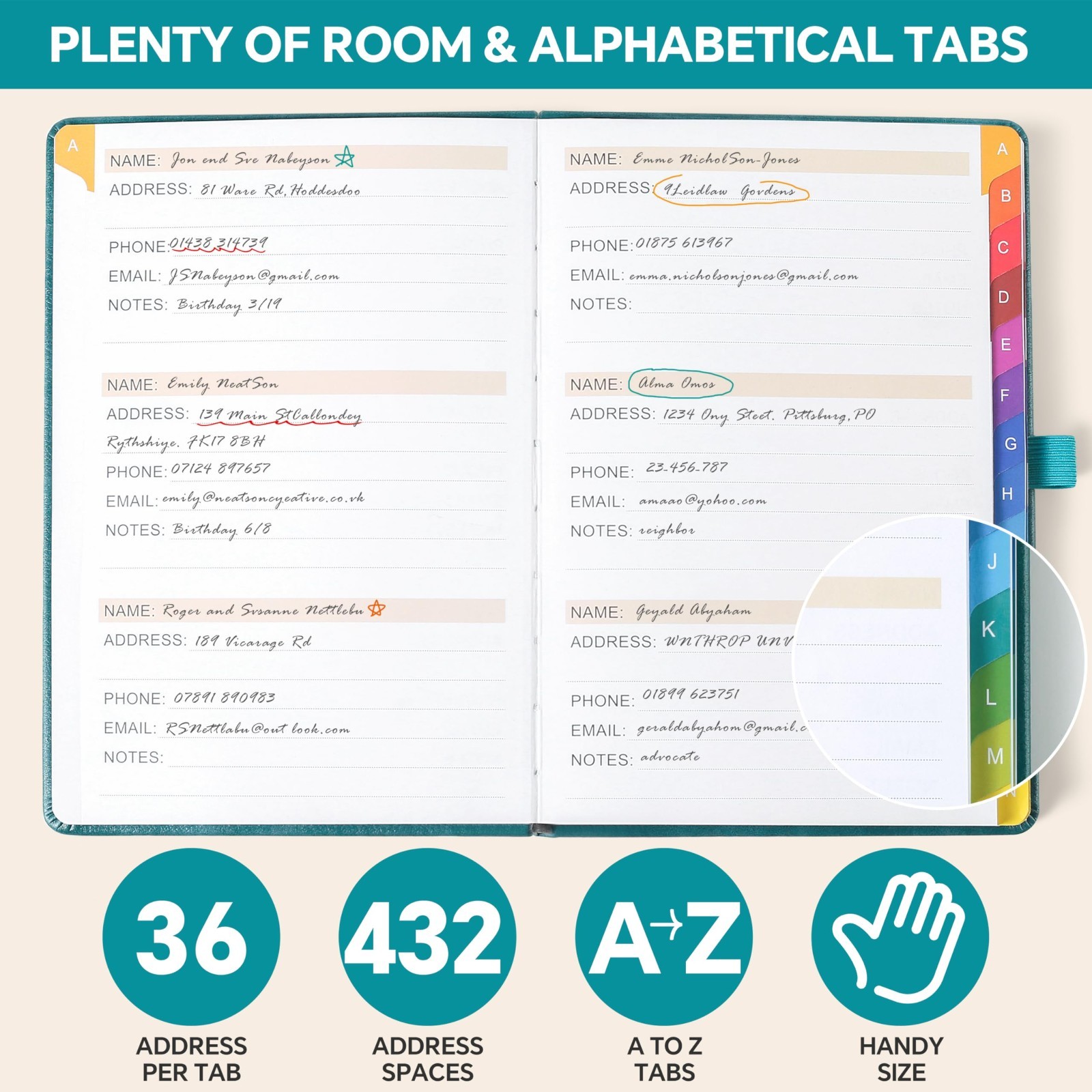 Colorful Alphabetical Address Book – Hardcover Contact Organizer for Passwords,