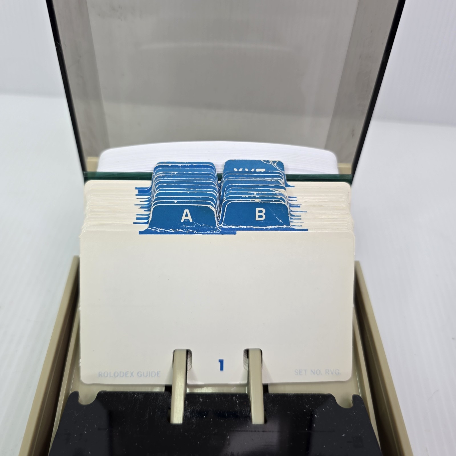 Vintage ROLODEX VIP-24C Smoke Top Card File Address Phone With Blue Index Tabs