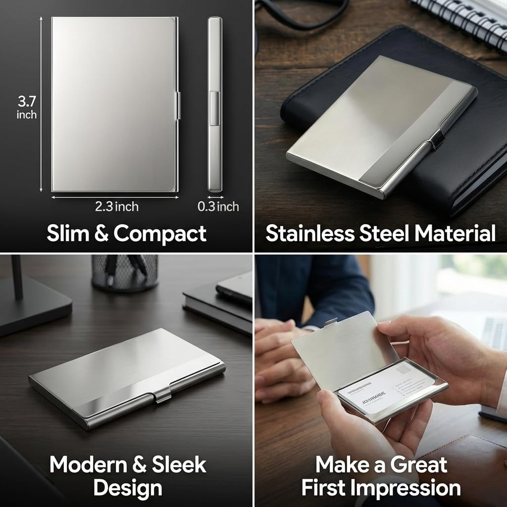 Business Card Holder, for Men and Women, Slim Minimalist Design Case, Stainless