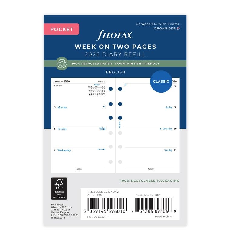 Calendar Diary Refill, Pocket Size: 4-3/4″ x 3-1/4″, Week-to-View, White Pape…