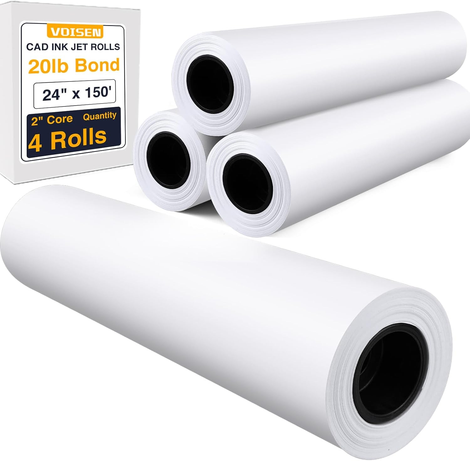 Wide Format Paper,4 Rolls Plotter Paper 24 in X 150 Ft, CAD Bond Rolls,20Lb,Bond
