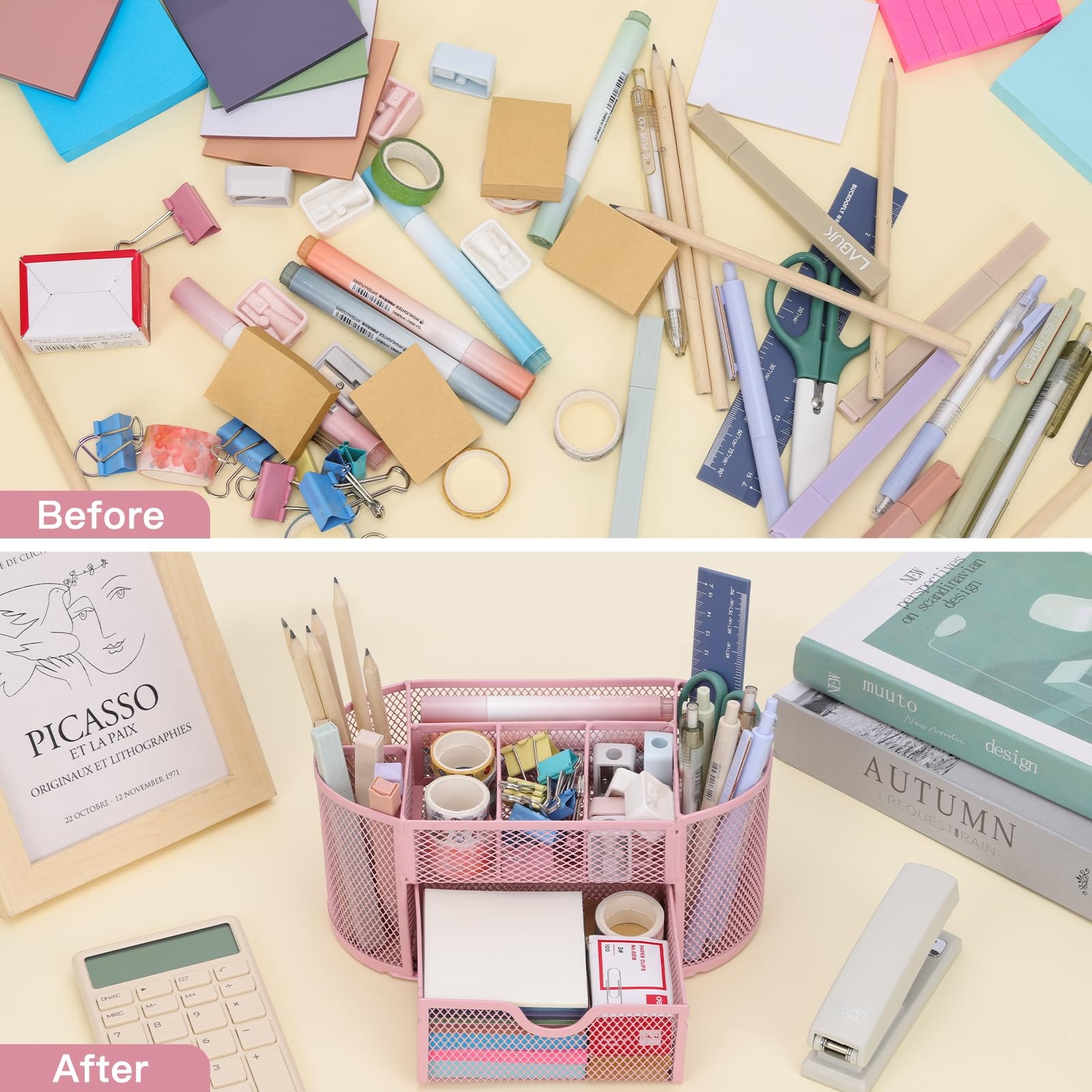 EOOUT Pink Desk Organizer, Pen Holder for Desk and Accessories, Mesh Desk Org…