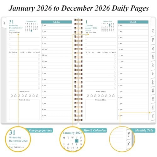 2026 Daily & Monthly Planner – One Page Per Day, 12 Monthly Tabs, 6.4″ x 8.5