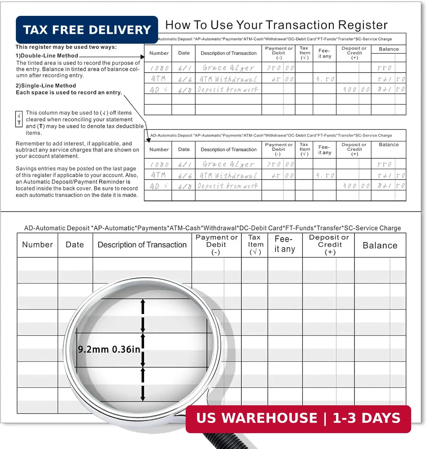 12 Pcs Checkbook Register, 6″ x 3″ Easy to Read Black & White Check Registers