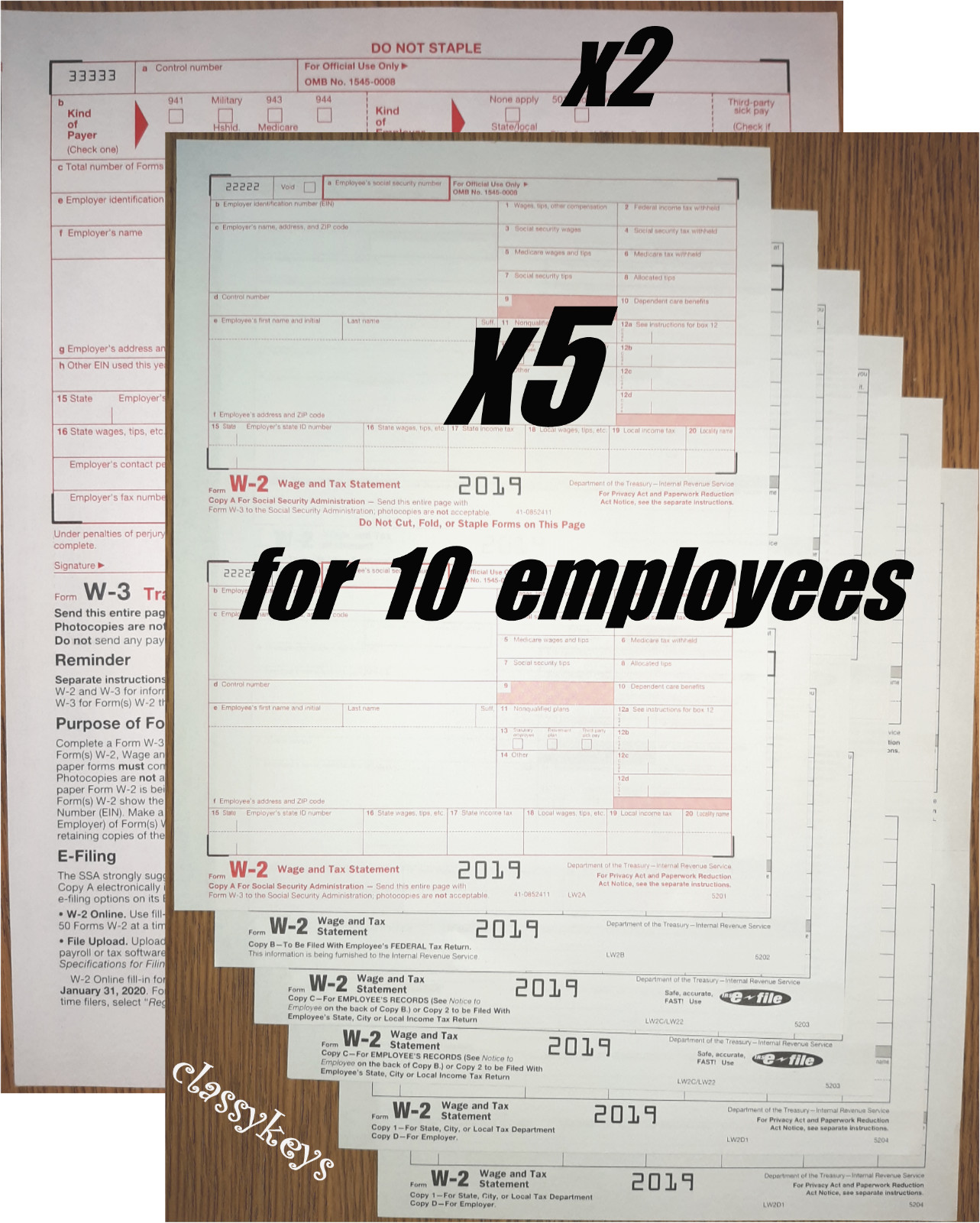 2019 IRS Tax Form W-2 Wage Stmts 10 employees LASER 6-pt +(2)W3 #TF5650 NO Env