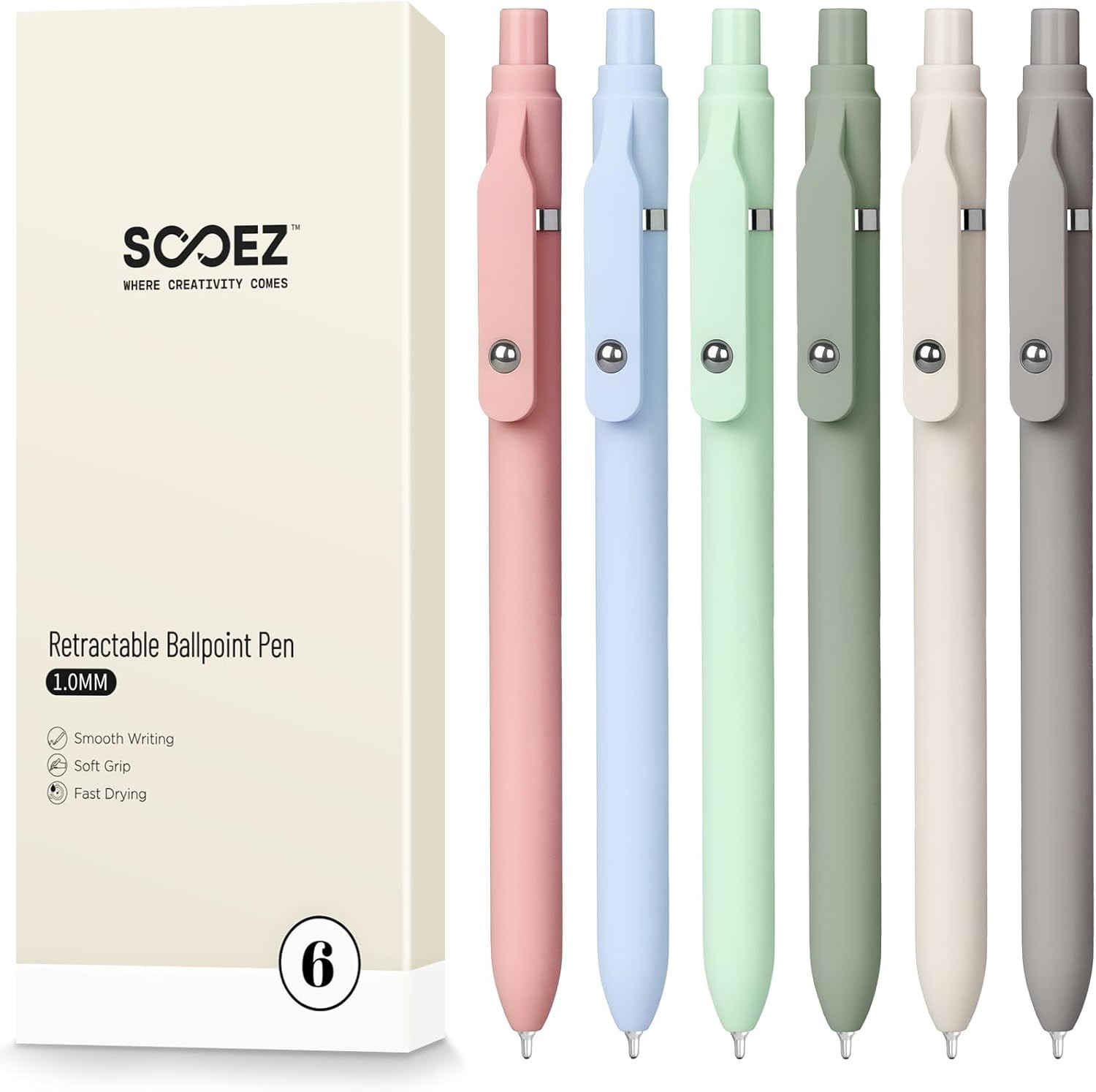 Sooez 6 Pack Black Retractable 1.0mm Ballpoint Pens