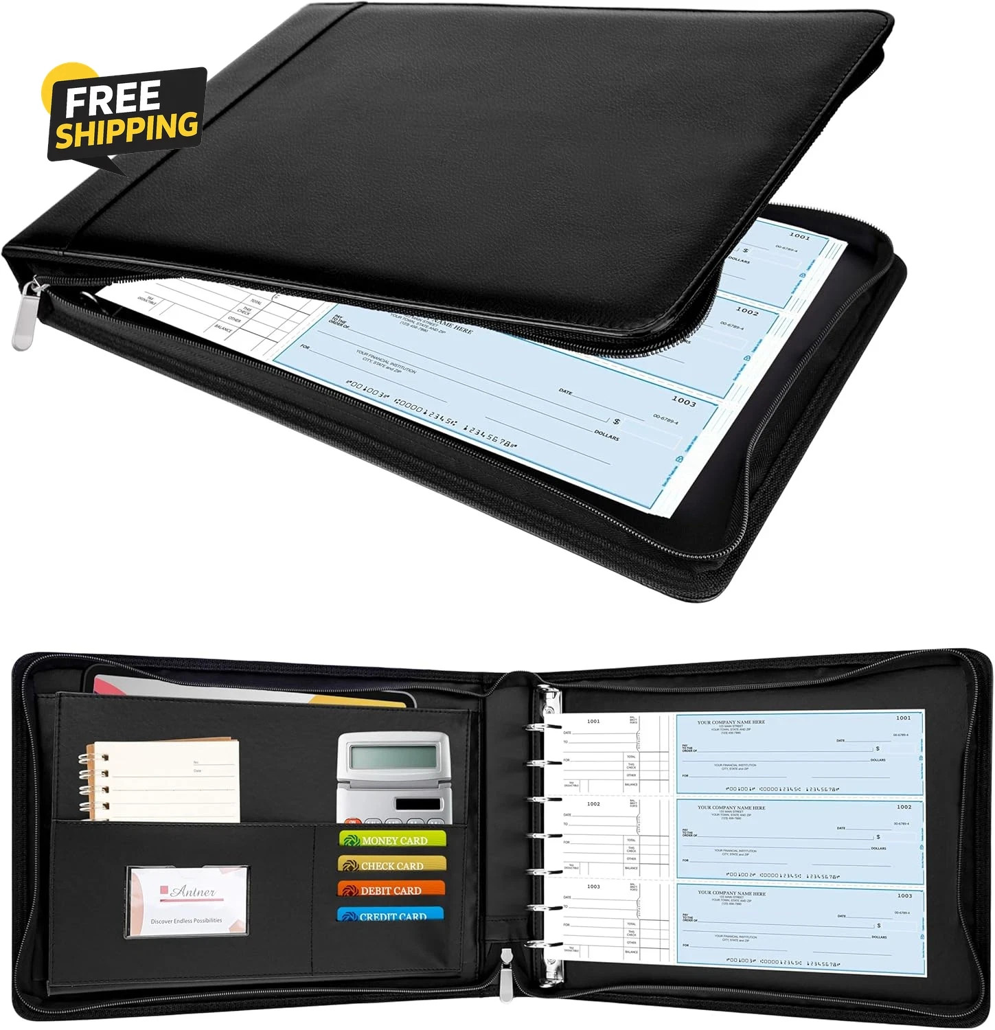 Zippered 7 Ring Business Checkbook Binder Portfolio for 3-On-A-Page Checks