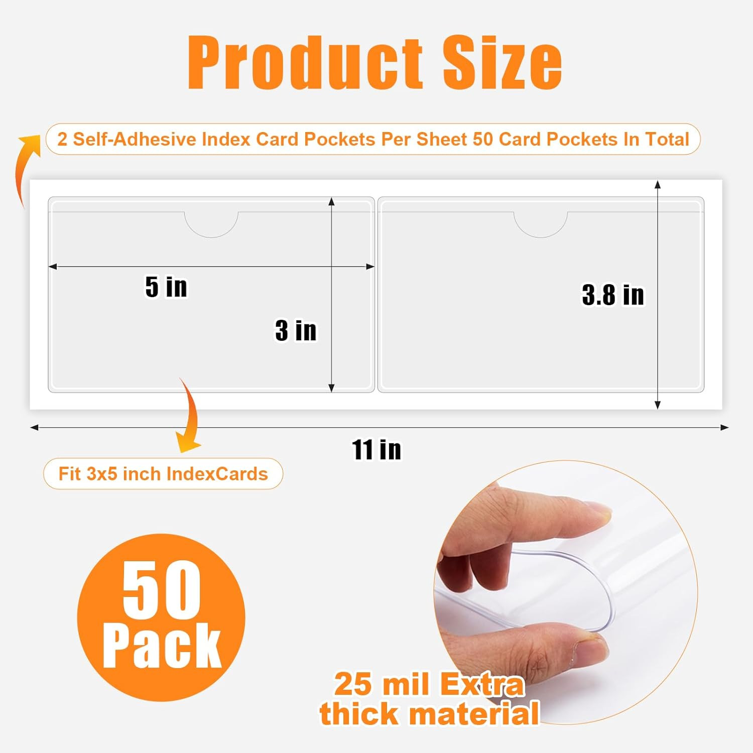 50 Pack Clear Adhesive Pockets 3″ X 5″, Self-Stick Index Card Pockets with Top O