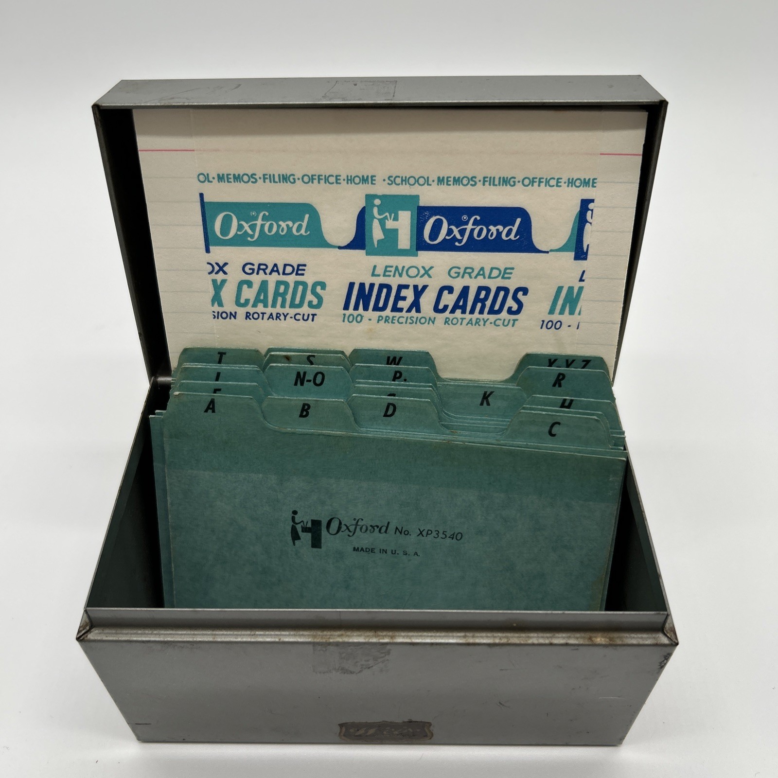Vintage Metal Weis Index Card Holder for 3×5″ Cards w/ A-Z Dividers + Cards