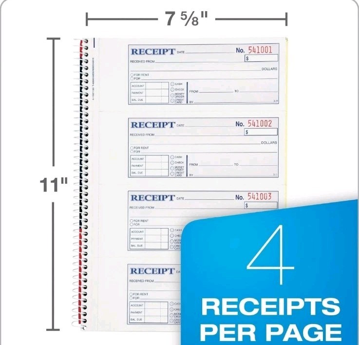 5-Pack of Rent Receipt Book, 2-Part Carbonless, 7-5/8″ X 11″, Spiral Bound, 200