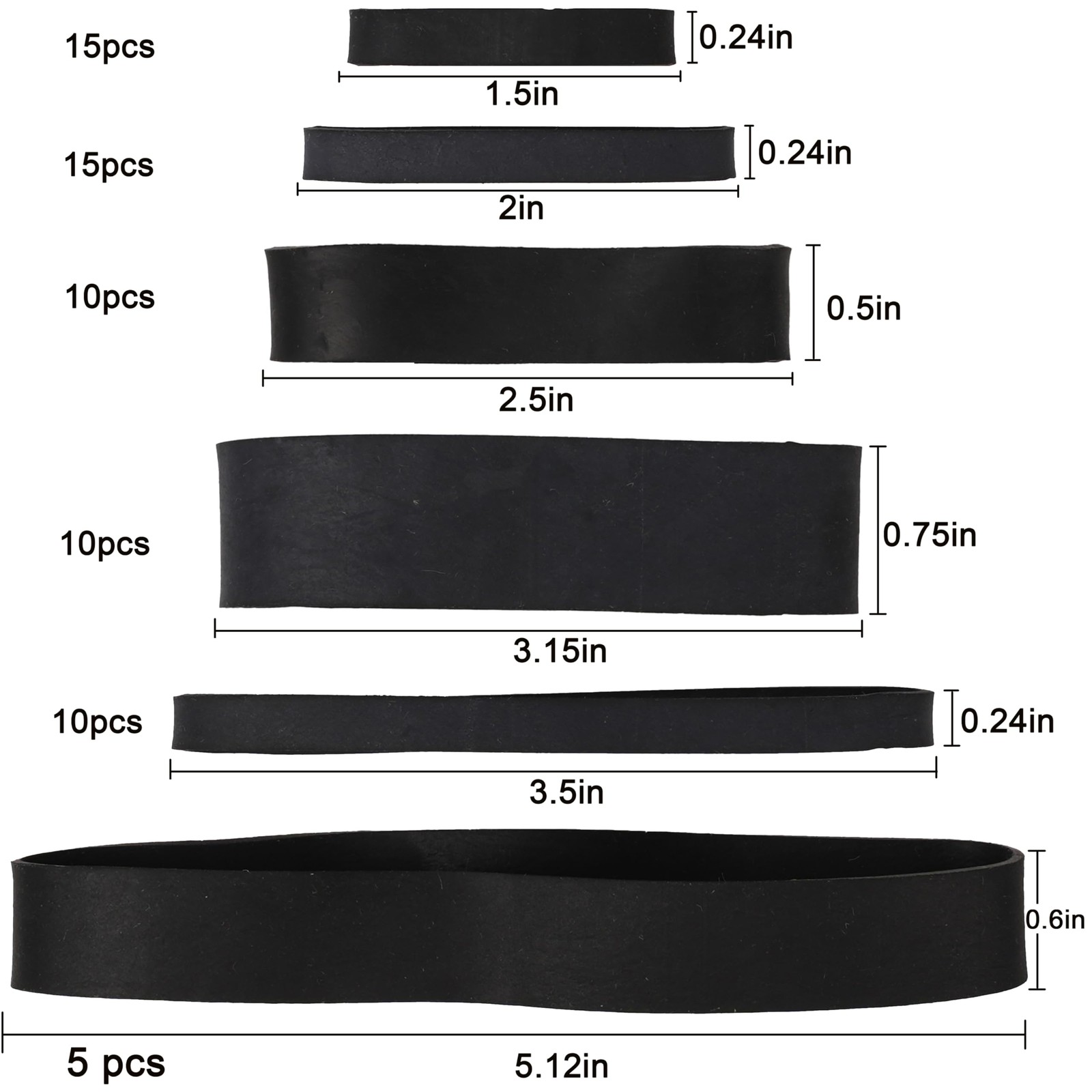 65Pcs Rubber Bands Assorted Sizes Black 6 sizes 1.5in 2in size 82 size#94 siz…