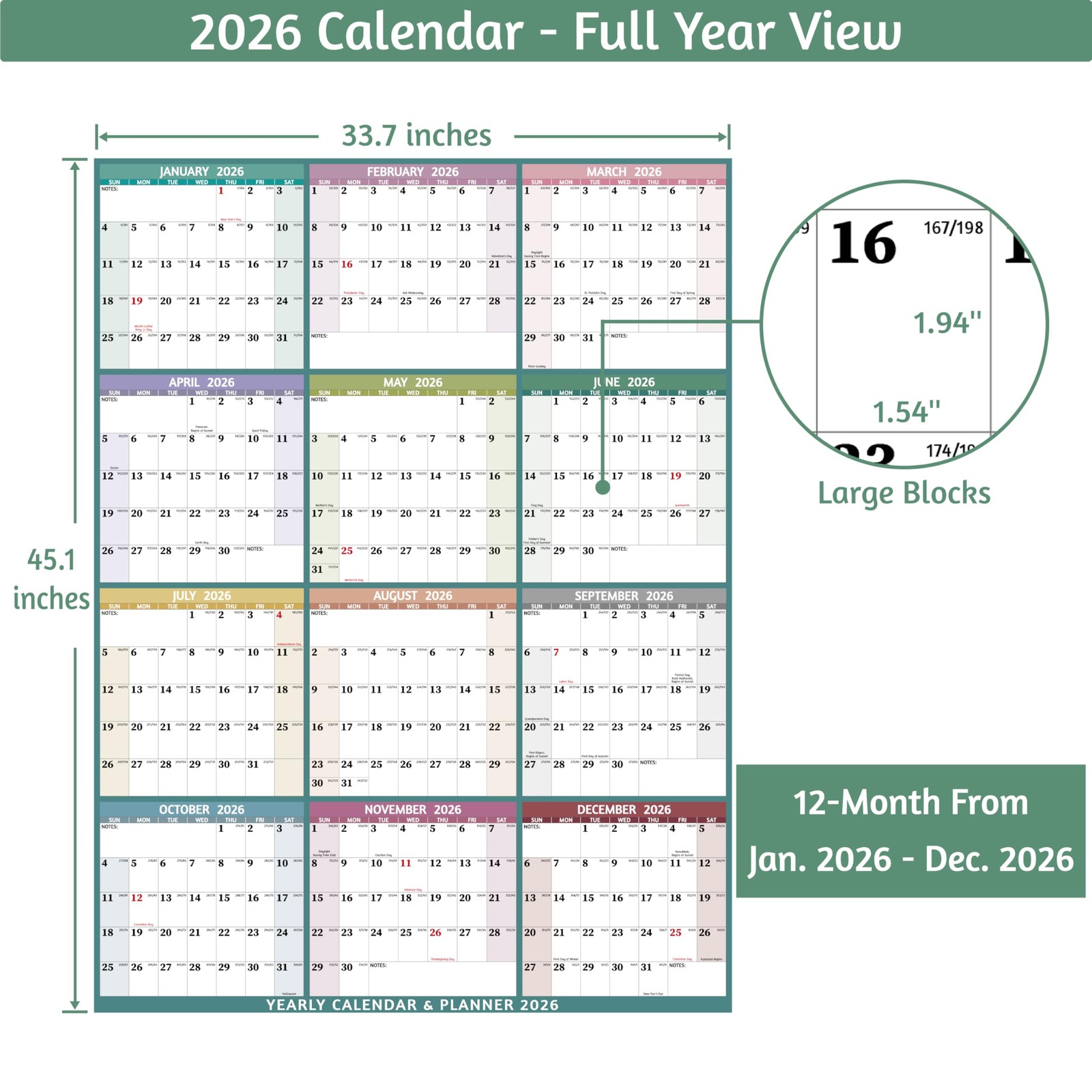 Yearly Wall Calendar 2026 – Large 2026 Vetical, multicolored
