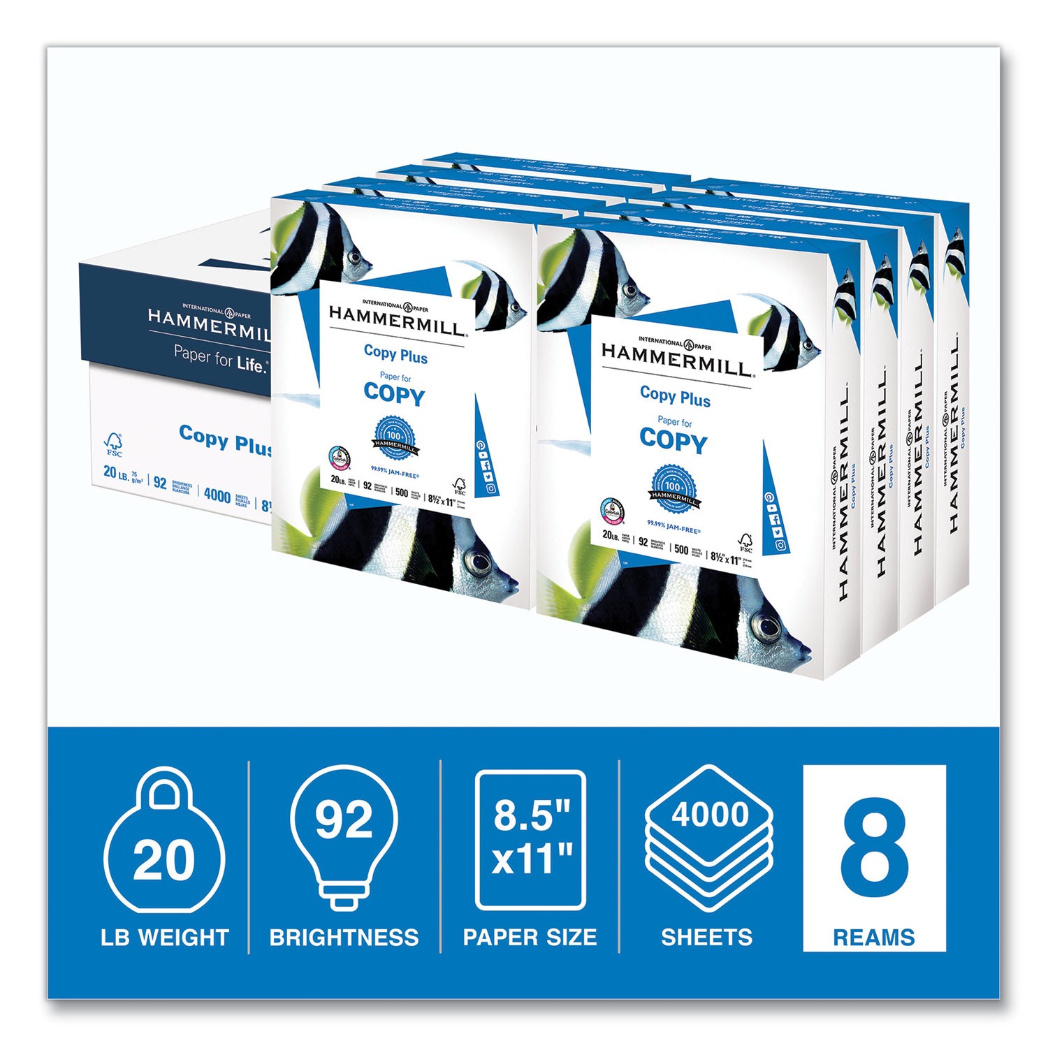 Copy Plus Print Paper, 92 Bright, 20 lb Bond Weight, 8.5 x 11, White, 500 Sheets