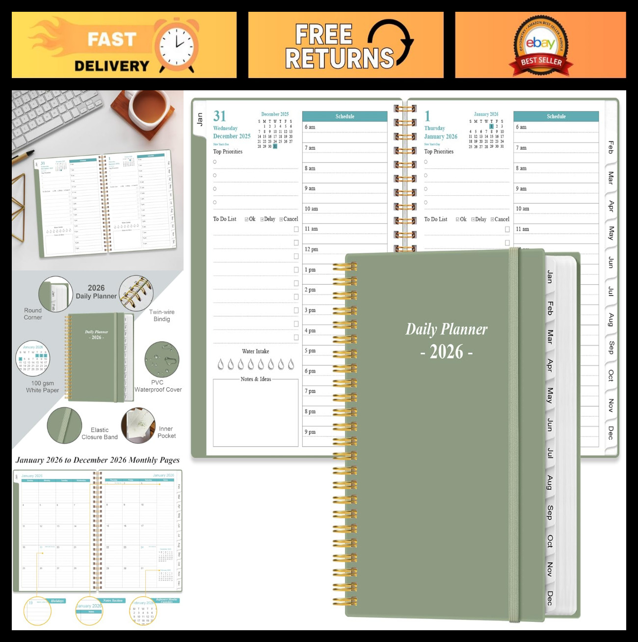 2026 Daily Planner – Full Page Per Day, Monthly Tabs, 12 Months, 6.4″x8.5″, Gree