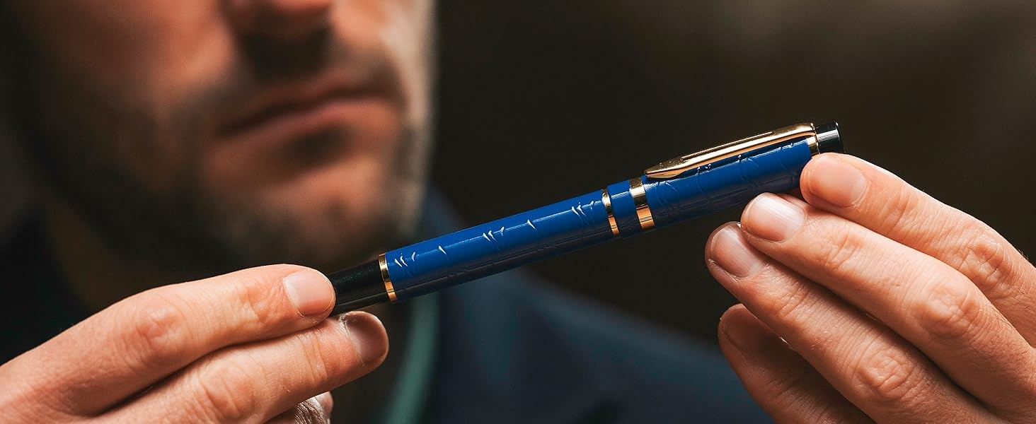 Primori Fountain Pen Set [Blue Gold]; Extra Fine Nib, Case, 24 Ink Cartridges,