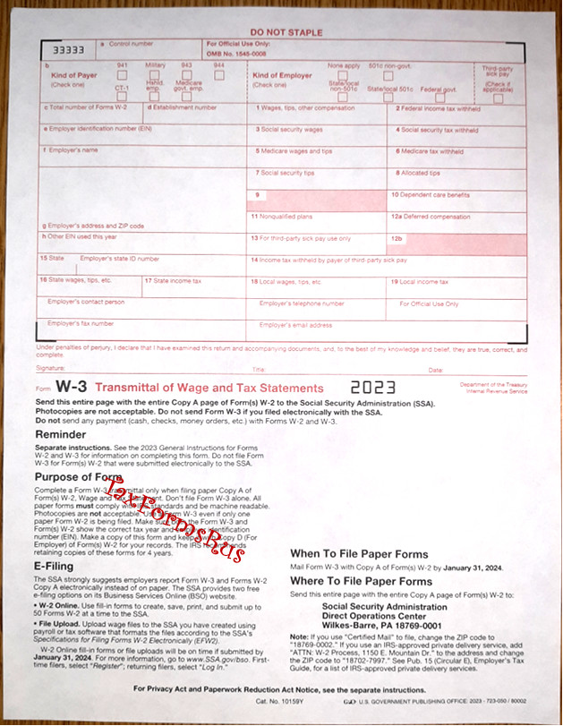 2023 IRS Tax Forms W-2 Wage Stmts 24 employees NON-Carbonless,6pt +(3)W-3 NO Env