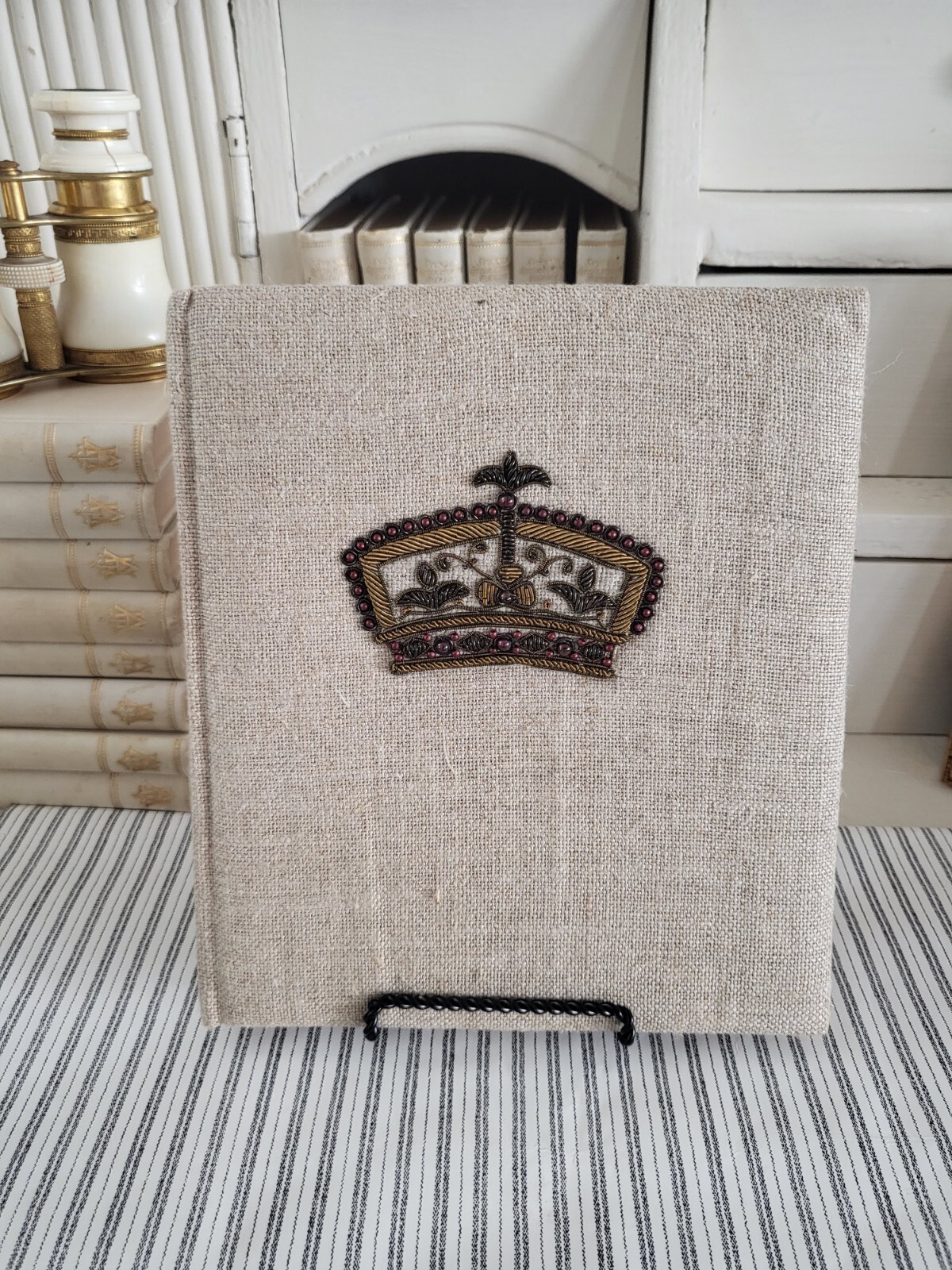 Padded Linen Blank Journal Notebook With Beaded Embroidered Crown NEW