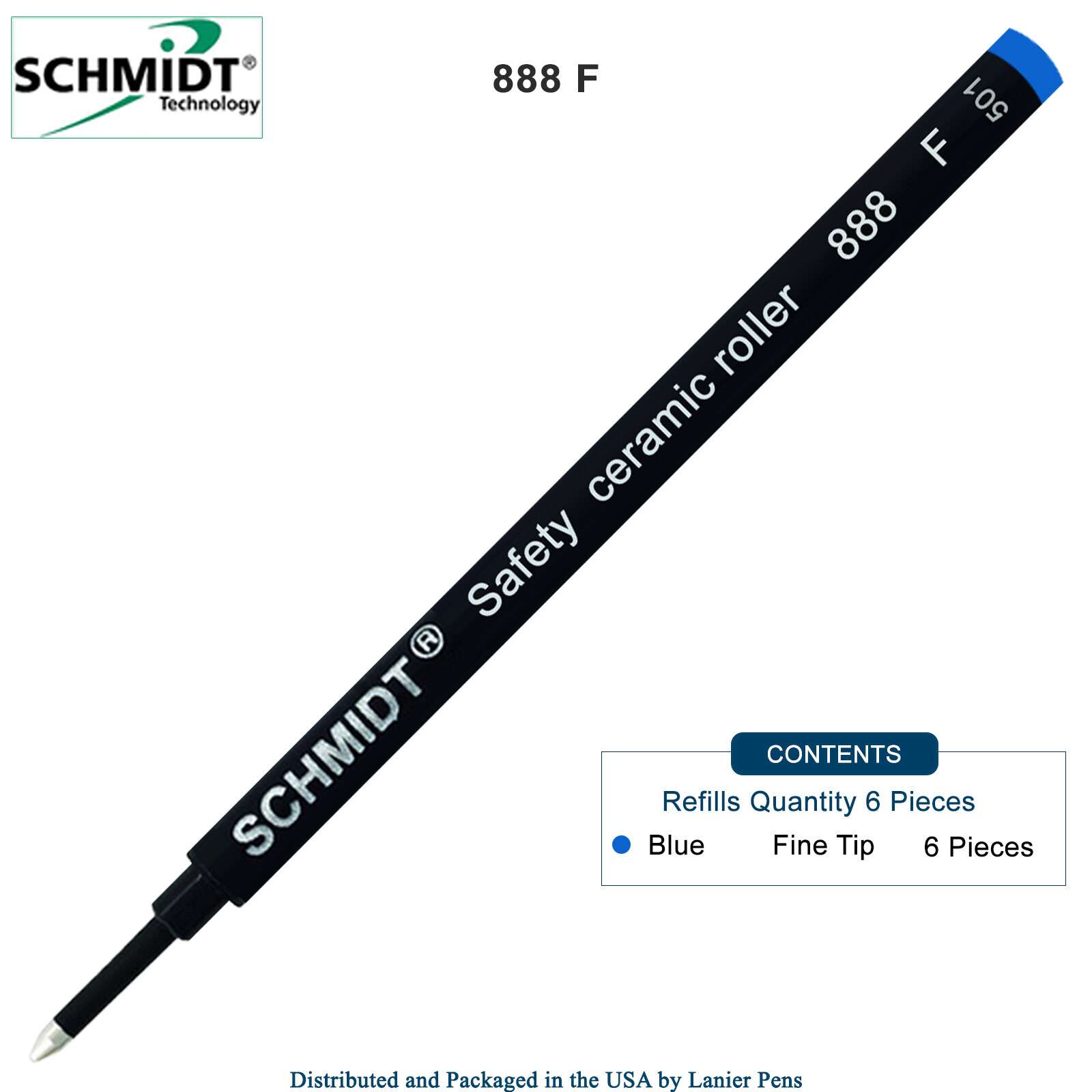 6 X – Schmidt 888 B Safety Ceramic Tip Plastic Tube Rollerball Refill, Blue Fine