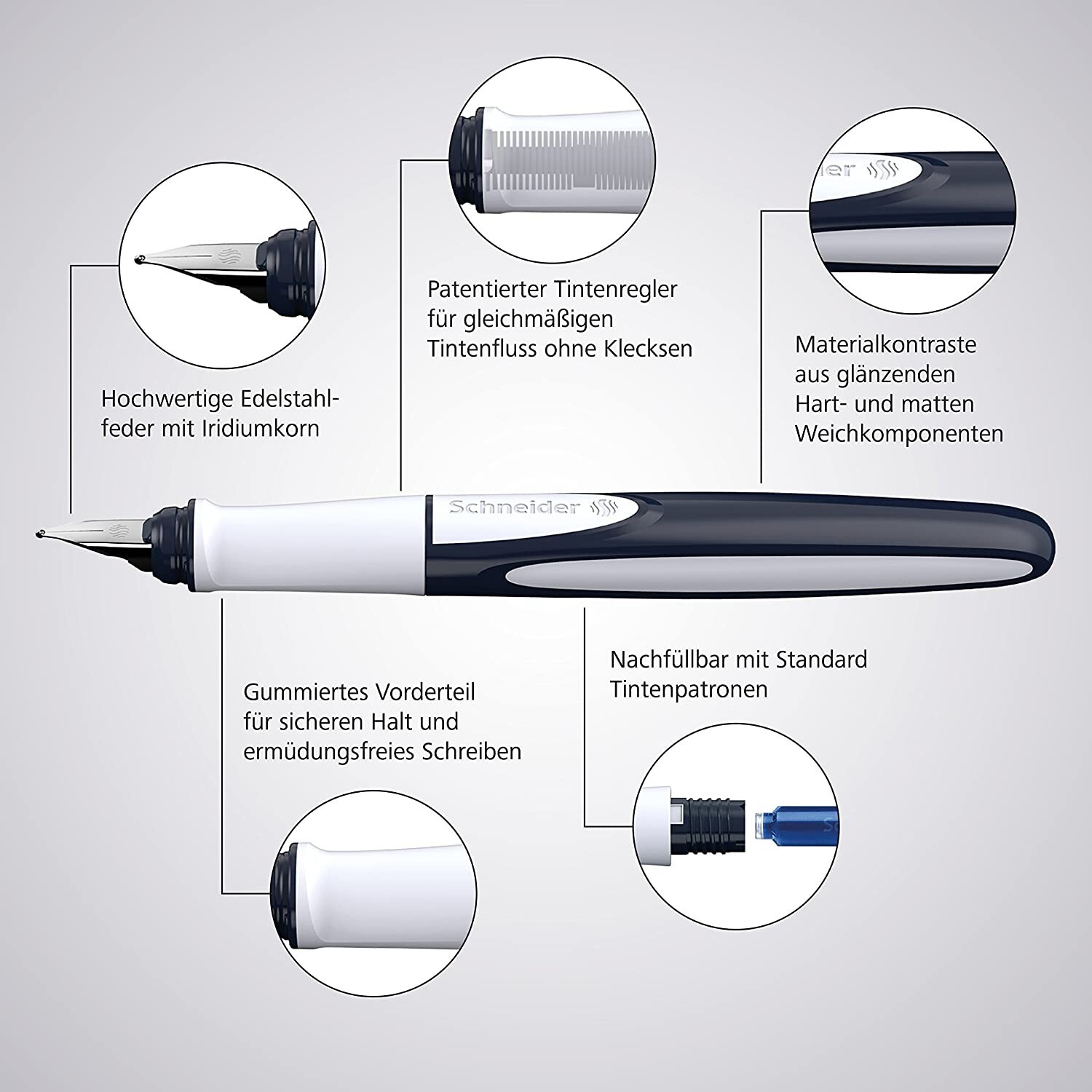 Schneider Ray Fountain Pen M (Medium) Refillable Onyx Barrel Royal Blue Erasable