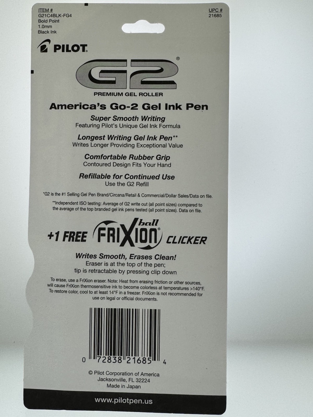 5 pk Pilot G-2 Retractable Gel ROLLER Pens FRIXION BOLD POINT 1.0MM BLACK 21685