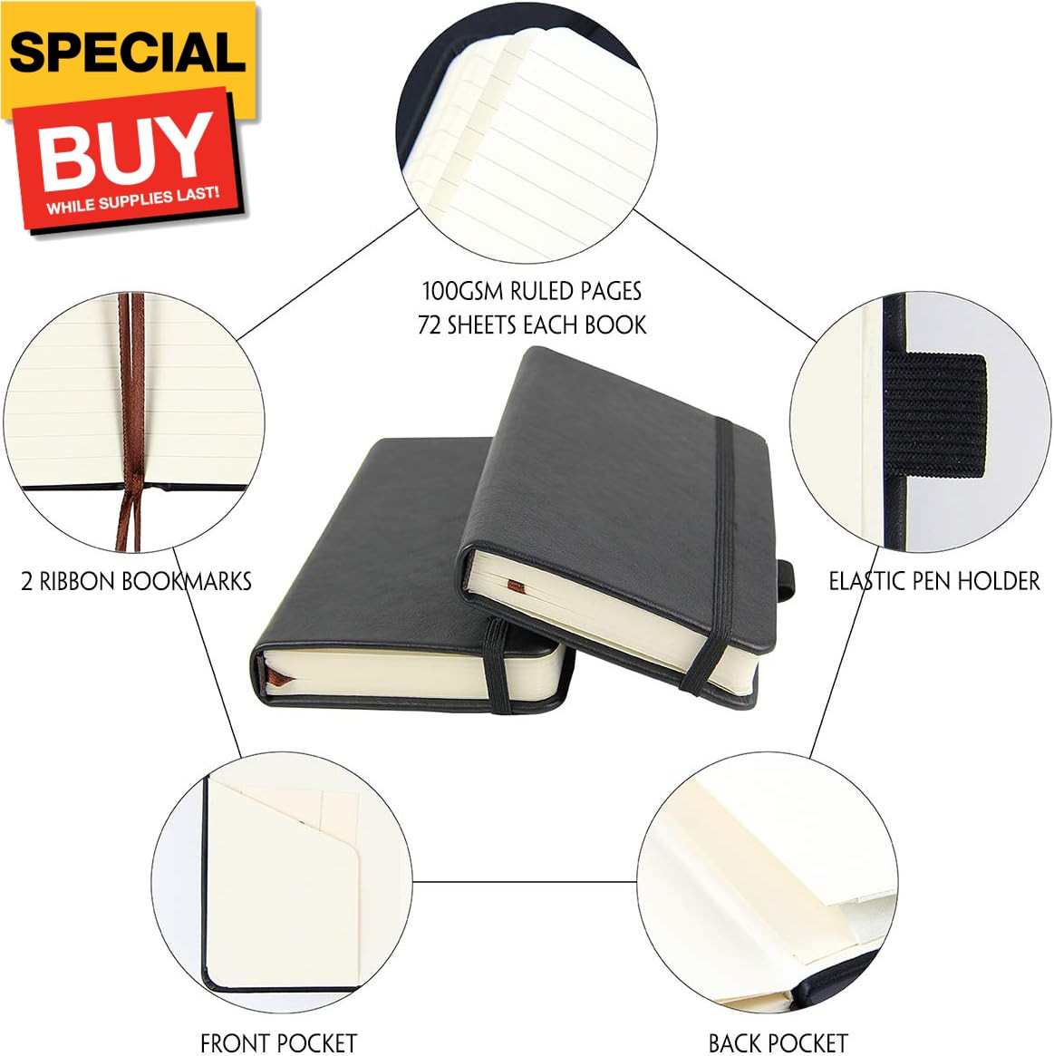(2-Pack Pocket Notebook 3.5″ x 5.5″, Small Hardcover Journal with Pen Holder, In