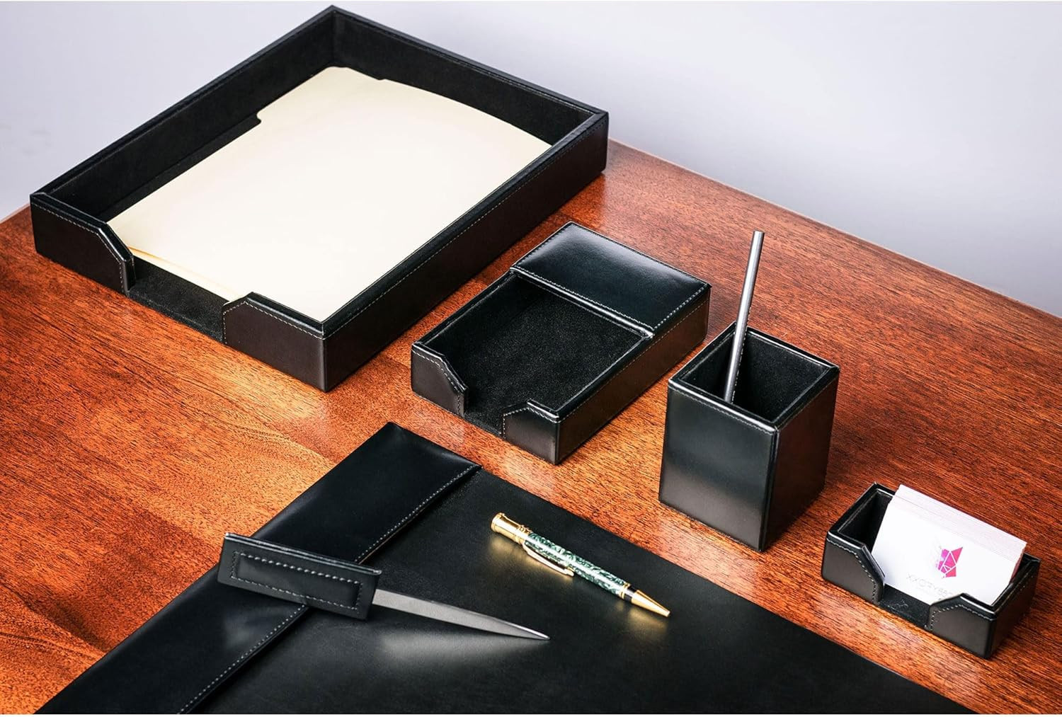 6 Piece Black Bonded Leather Luxury Desk Accessory Set – Desk Pad & Organization
