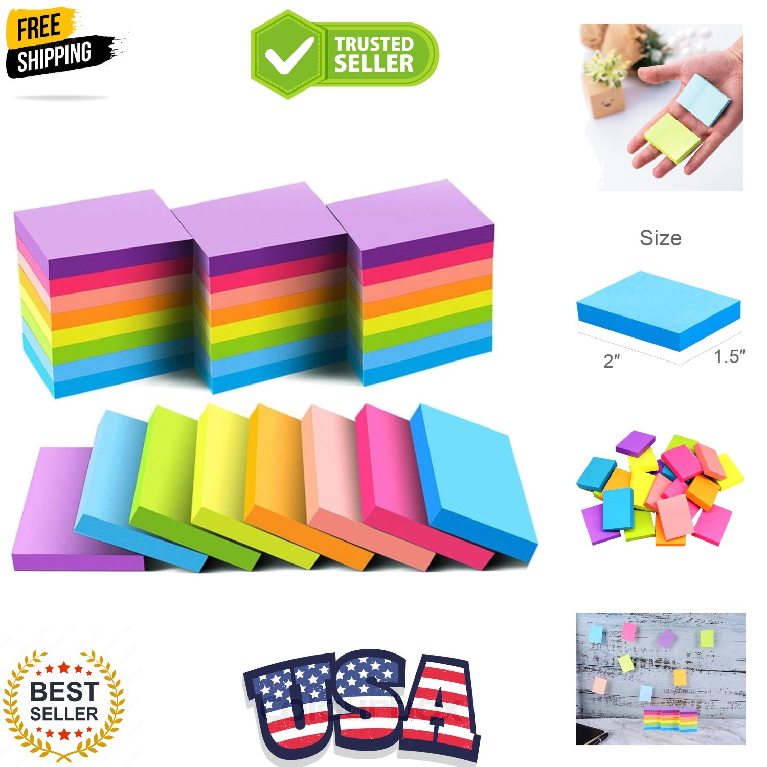Mini Sticky Notes 1.5×2 Inches,48 Pads, Bright Colors Self-Stick Pads,75 Shee…