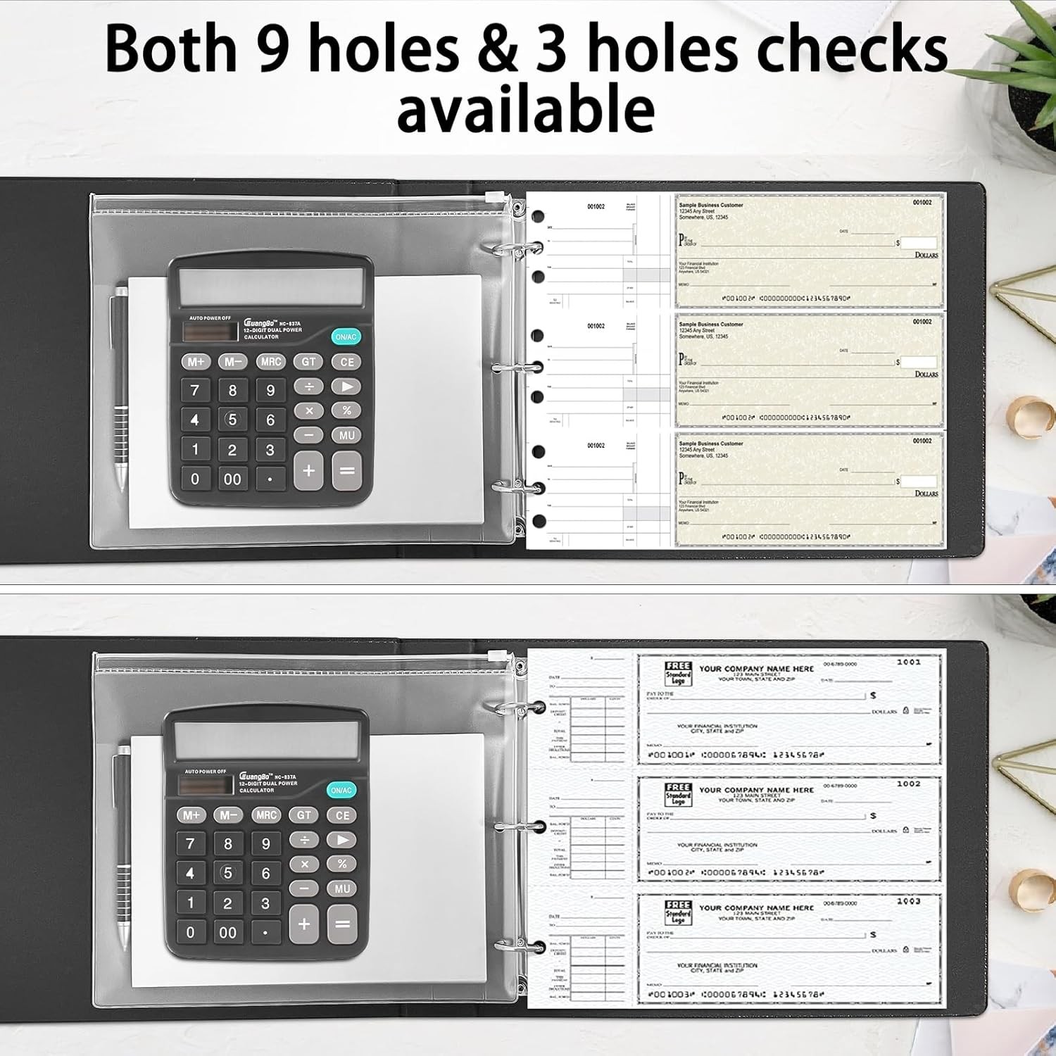3 Rings Check Binder for End-Stub Deskbook Checks, 3 on a Page, Fit 3 & 9 Holes