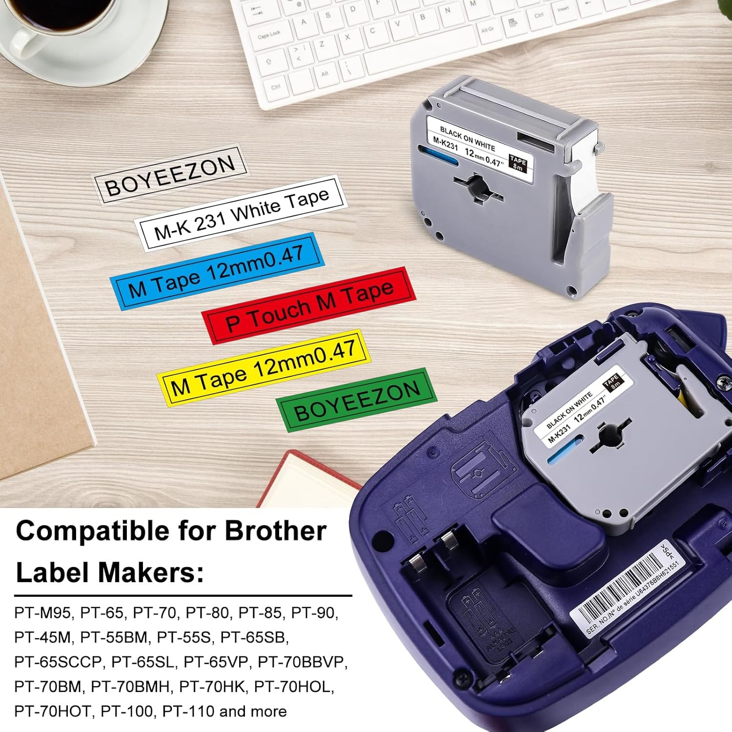 Label Maker Tape 12mm 0.47 – fits Brother M-K231s P-Touch BLACK on WHITE/CLEAR