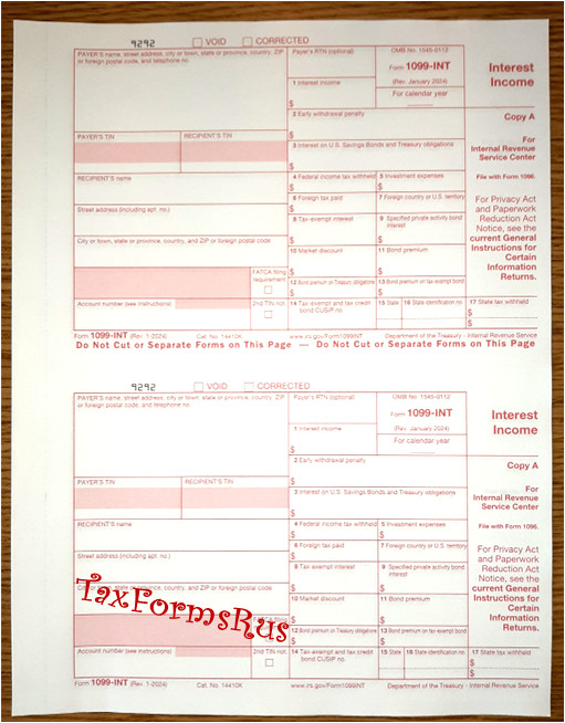 2025 IRS Tax Form 1099-INT single sheet set for 2 recipients NON-carbonless 4-pt
