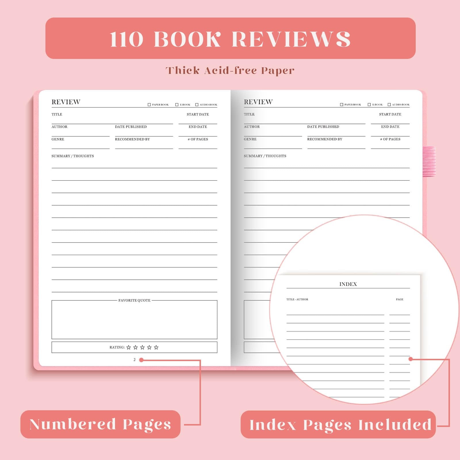Pink Reading Journal Elegant Book Log Reviews Progress Tracker Gifts Readers