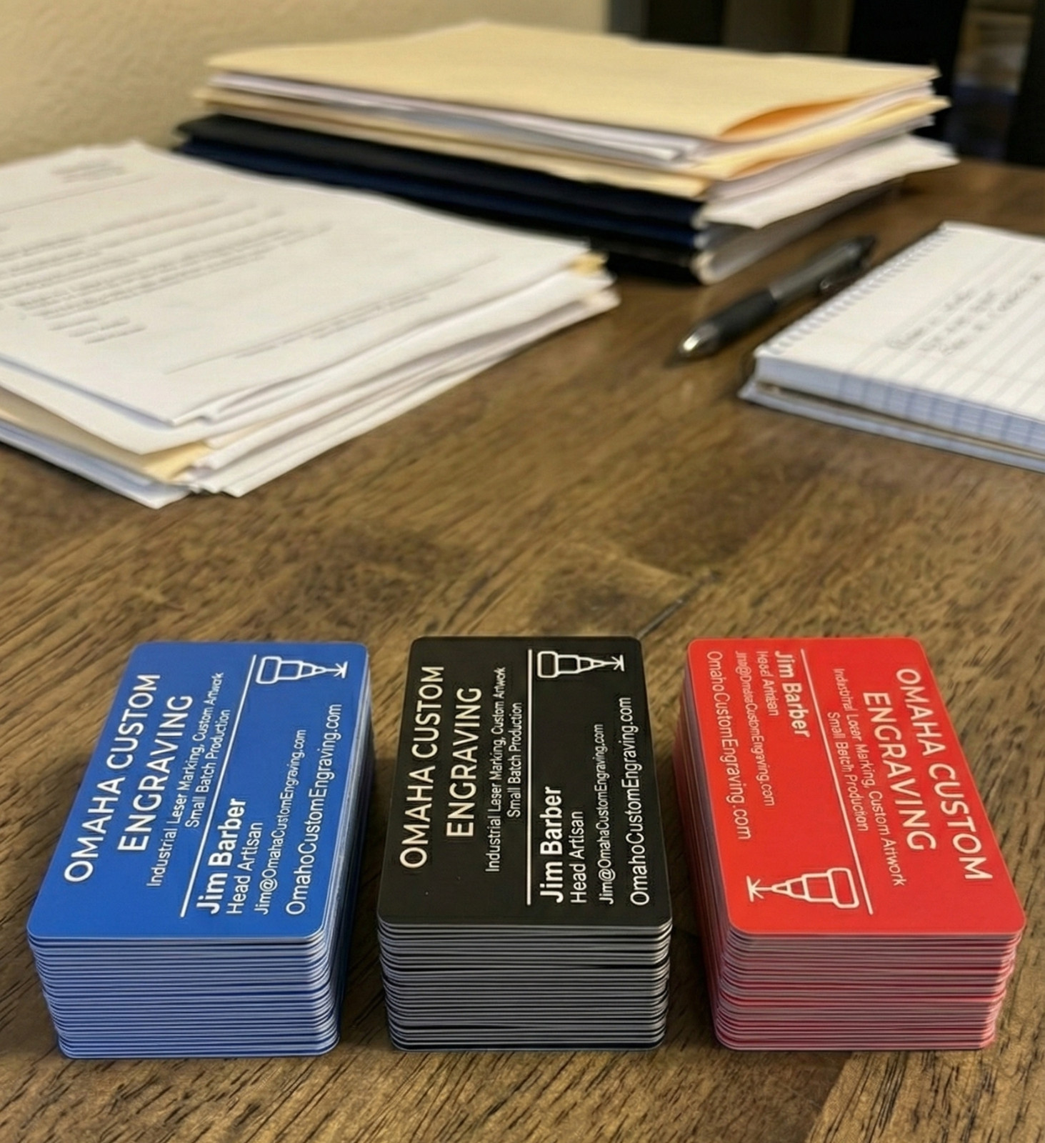 Personalized Metal Business Cards. Custom Laser Engraved Aluminum Red Blue Black