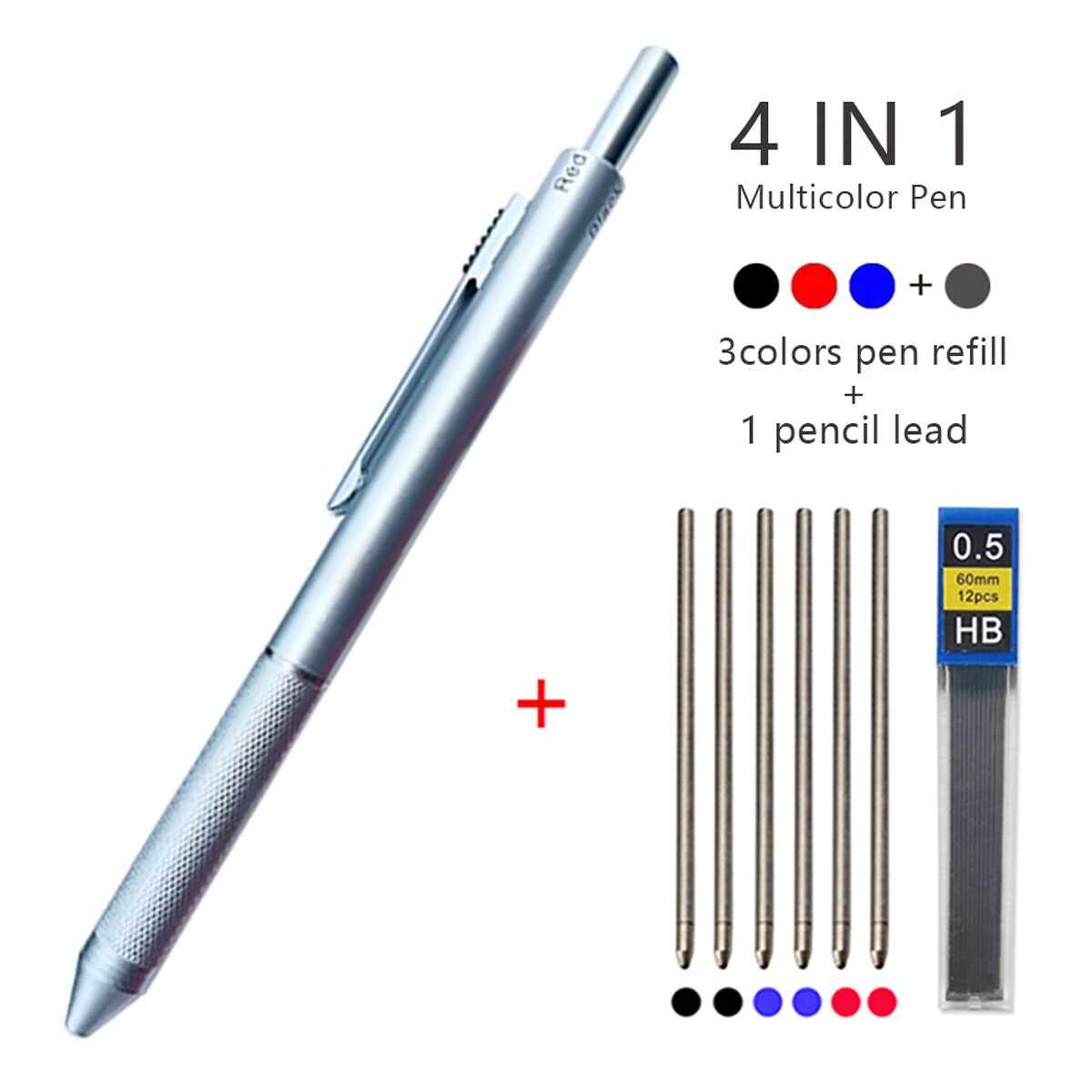 4 in 1 Multicolor Ballpoint Pen & 0.5mm Mechanical Pencil, Silver, Bonus Refills
