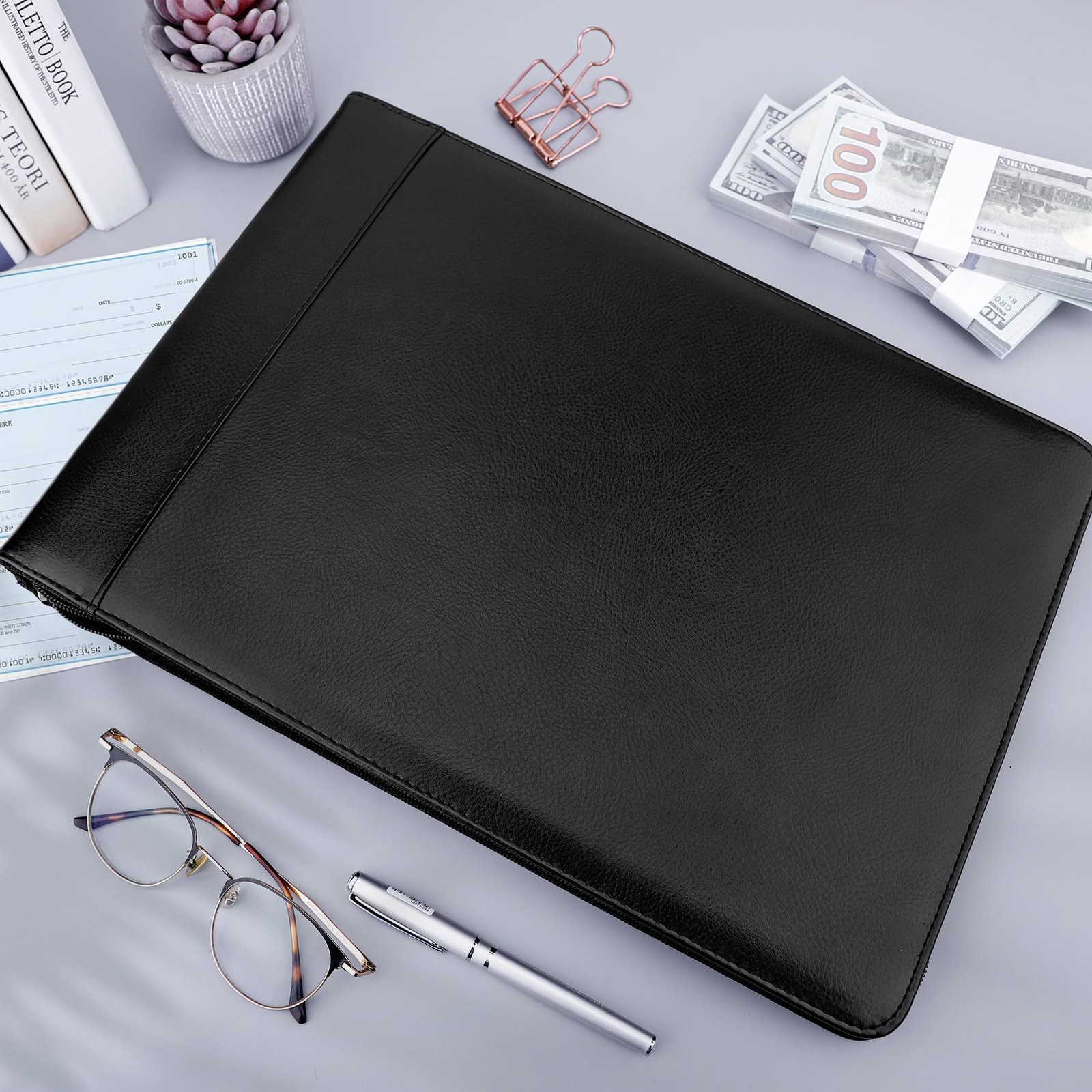 Antner Zippered 7 Ring Business Checkbook Binder Portfolio for Black