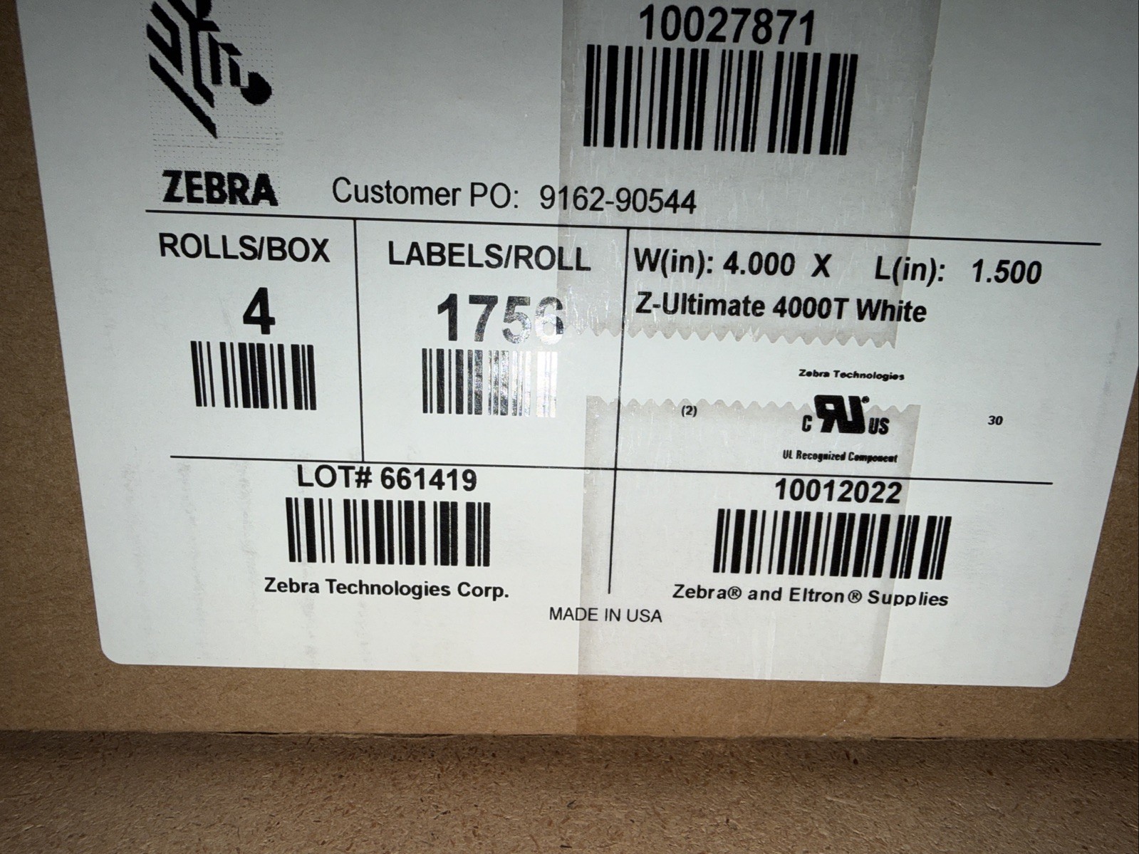 Zebra 10027871 Z-Ultimate 4000T Labels 4” x 1.5” 4 Rolls 7024 Labels Open Box