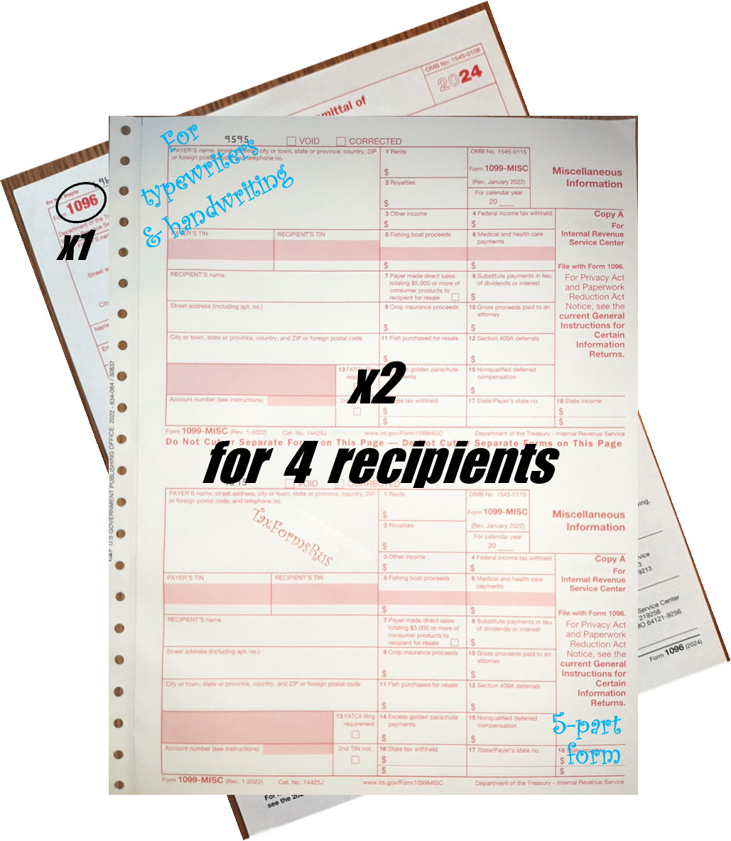 2024 IRS Tax Form 1099-MISC Carbonless for 4 recipients + (1) 1096 — NO Env