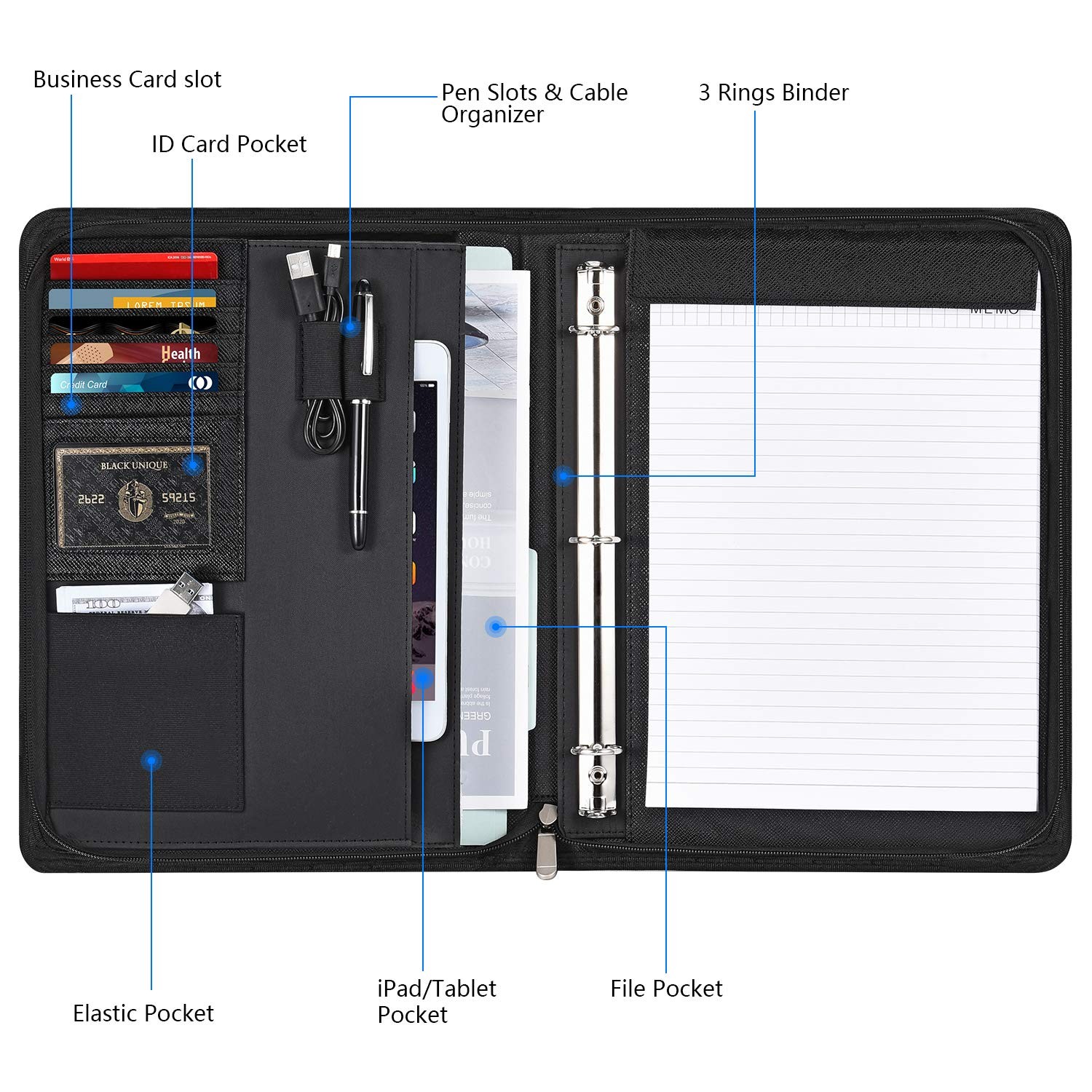 Portfolio Binder, 3 Ring Binder Portfolio Organizer with Leather Folder Writi…