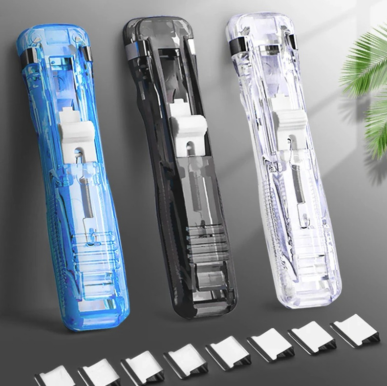 1pc Mini Traceless Push Stapler Reusable Paper Clamp School Office Tool – NEW