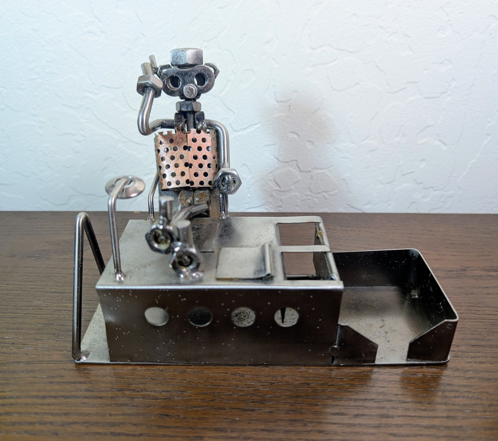 Nuts & Bolts Desk Organizer Steel Copper Metal Figure “Working Hard” Engineer