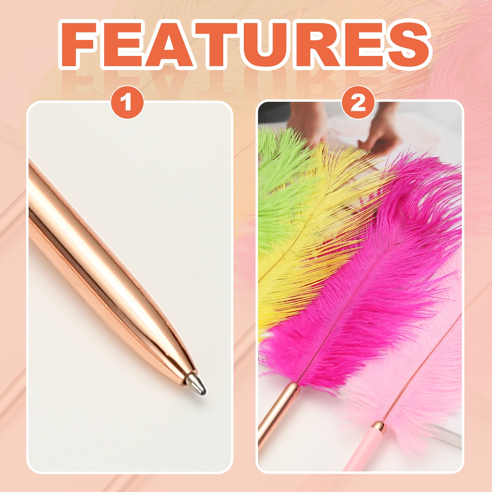 Feather Ballpoint Pens Bulk, 2Pcs Writing Pens Style 1, Pink/Rose Gold