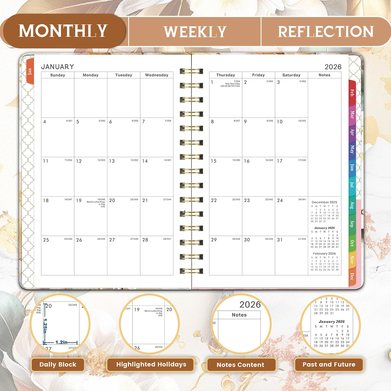 2026 Planner – 2026 Weekly and Monthly, JAN.2026 – 6.4″ x 8.5″, Gold