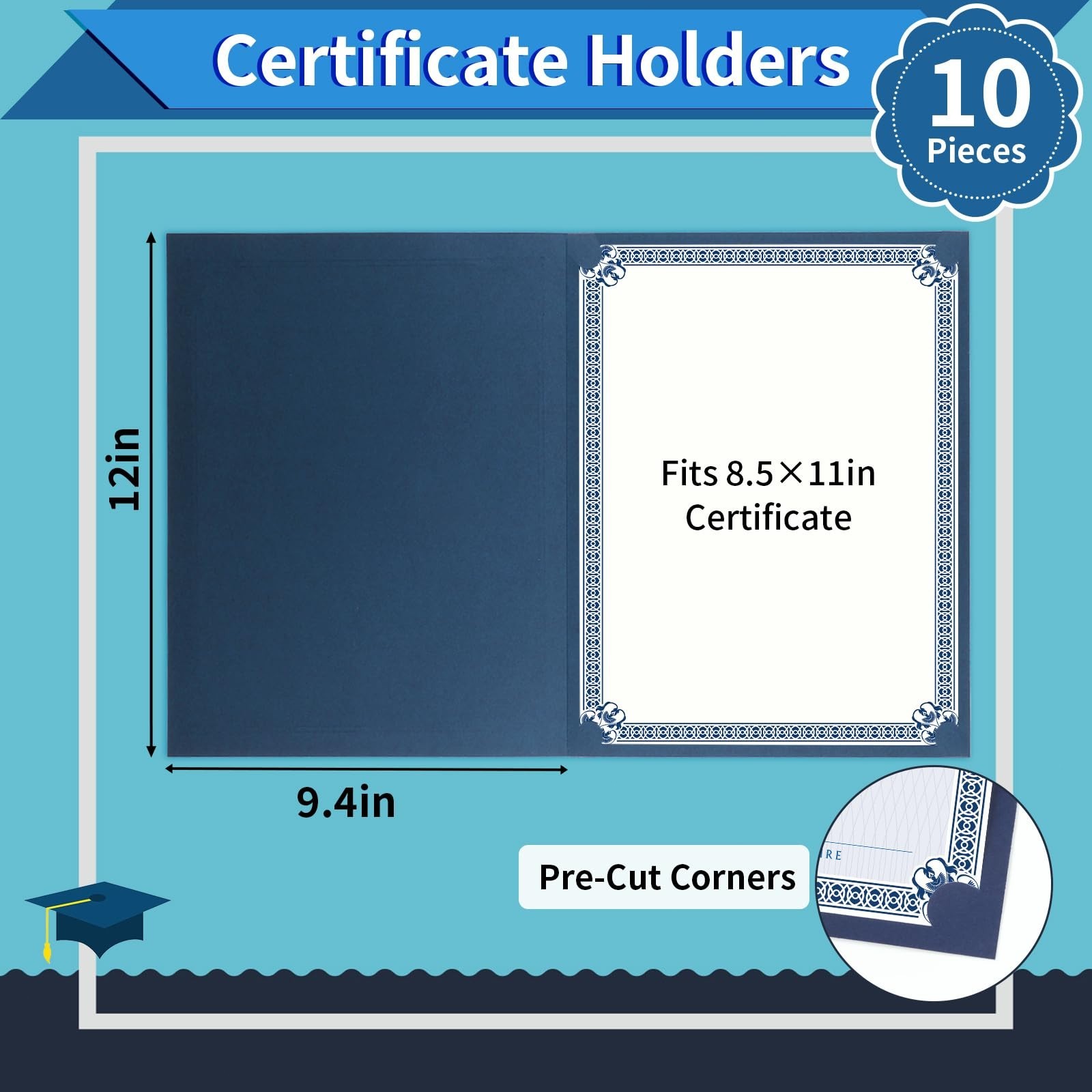 Folders 10 Pack, Navy Blue, Diploma Holders, Gold Foil Trim