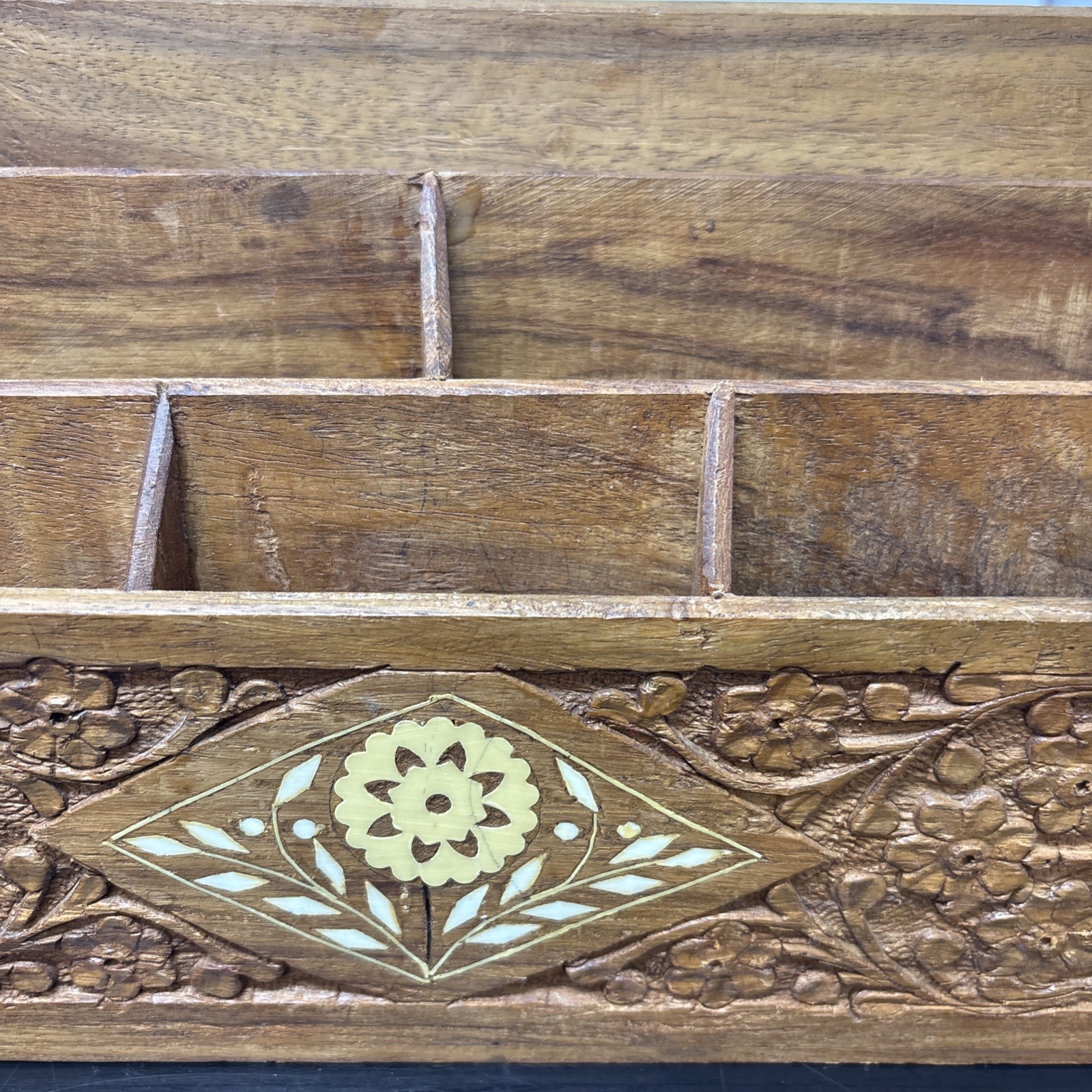 Unbranded Brown Carved Floral Wood Desk Organizer