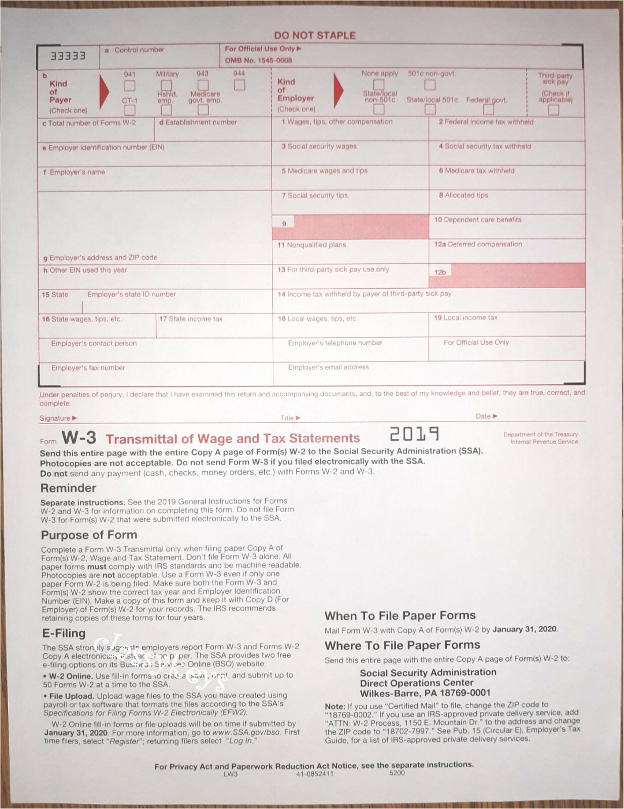 2019 IRS Tax Form W-2 Wage Stmts 10 employees LASER 6-pt +(2)W3 #TF5650 NO Env