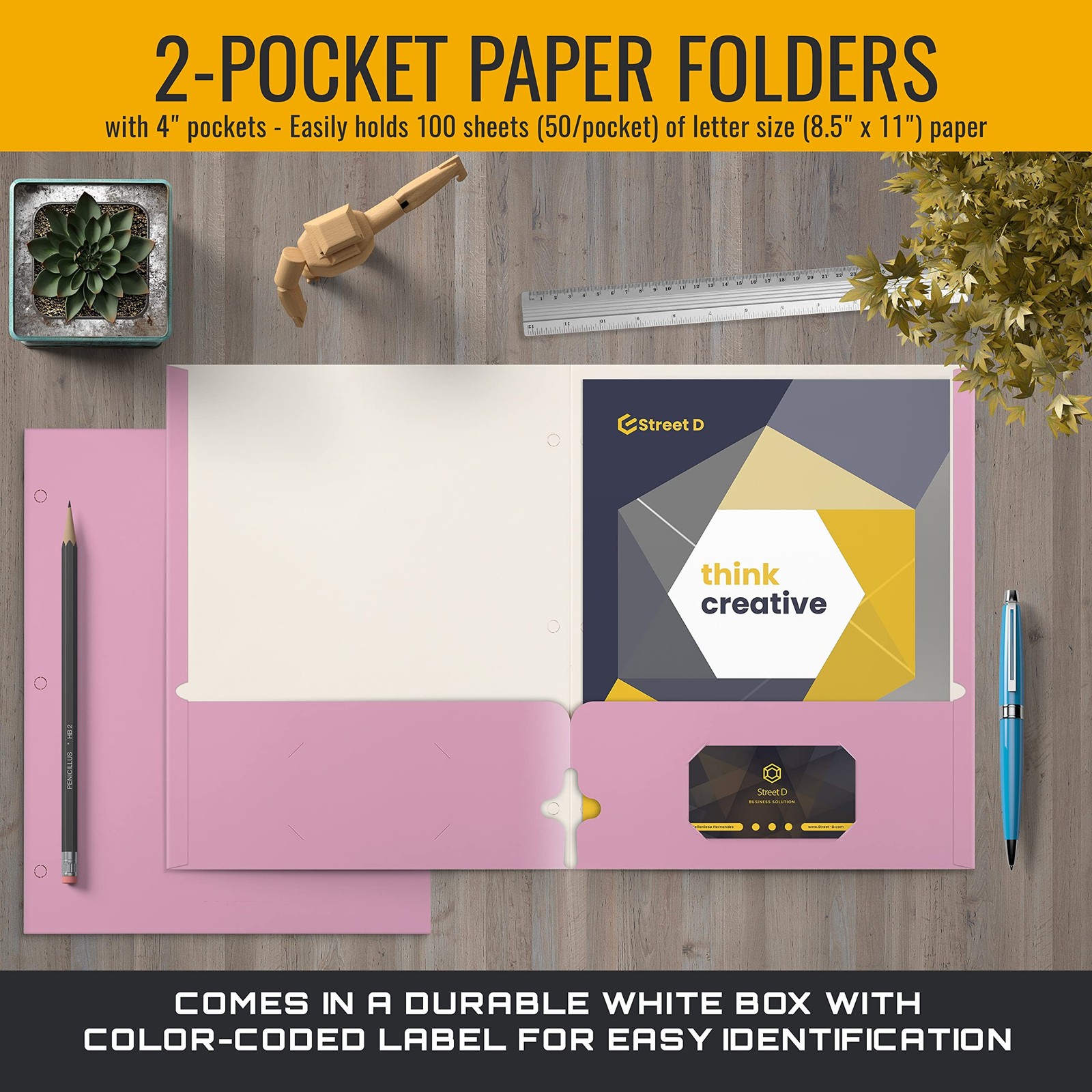 Better Office Products Two Pocket Portfolio Folders, 50-Pack, Pink, Letter Si…