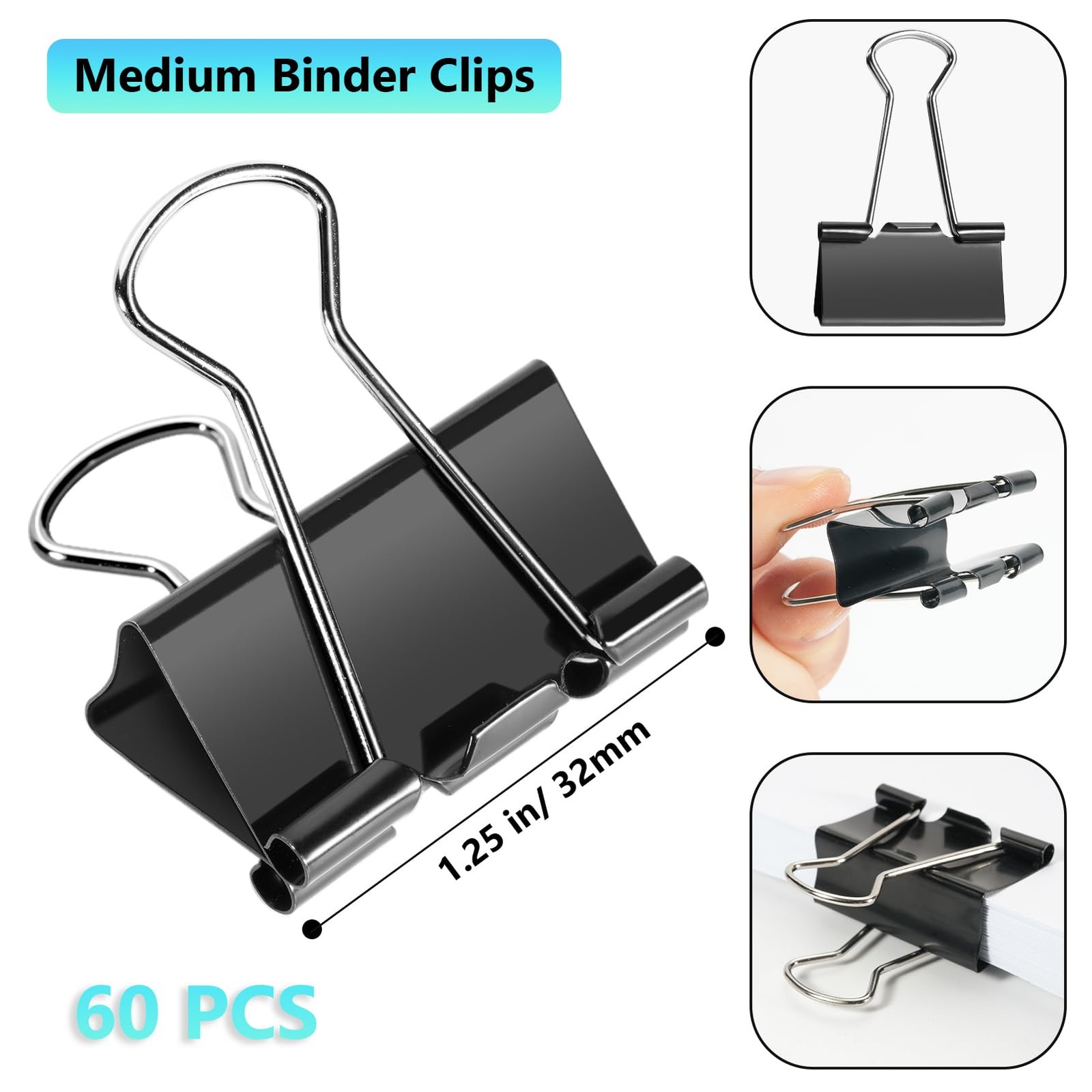 60PCS Medium Binder Clips, 1-1/4 Inch, 32mm, Metal Paper Clamps for Teachers …