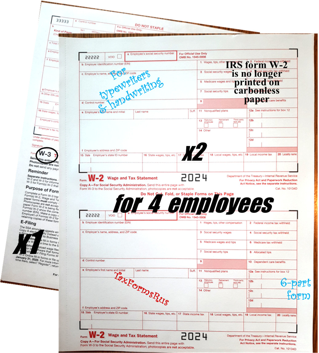 2024 IRS Tax Forms W-2 Wage Stmts for 4 employees NON-Carbonless +(1) W3, NO Env