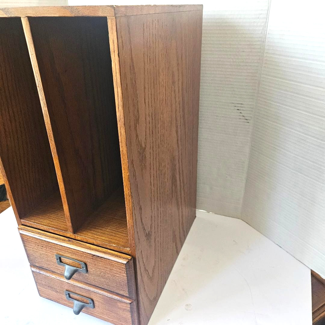 Vintage 19″ Tall Oak Wood Desktop Organizer w/Index Card Drawer/File Box/Cabinet