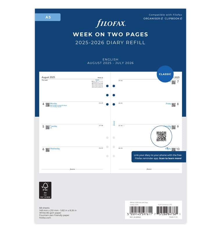 Week on Two Pages A5 2025-2026 Academic Diary Refill English