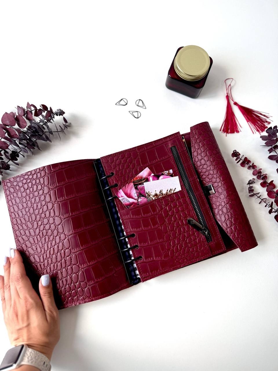 Luxurious A5 Genuine Leather Organizer – Deep Burgundy Croc Print.